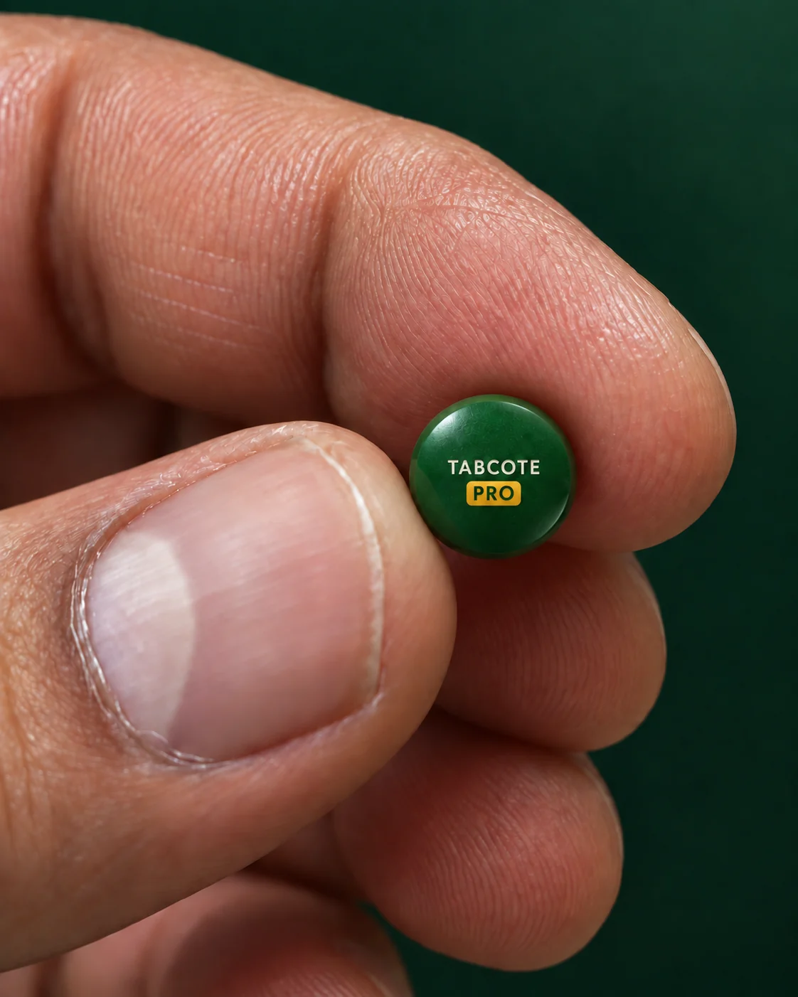 A dark-green TABCOTE tablet held between two fingertips, with a gold PRO badge on its face
