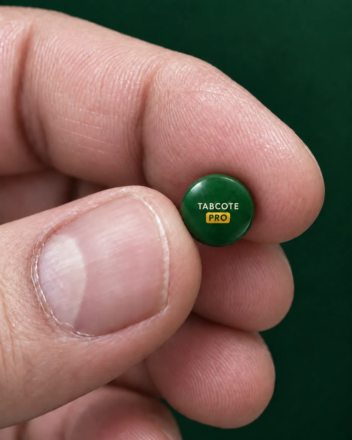 Product visualization of a pea-sized dark-green tablet facing the viewer, printed with TABCOTE and a gold PRO badge and held between two fingertips