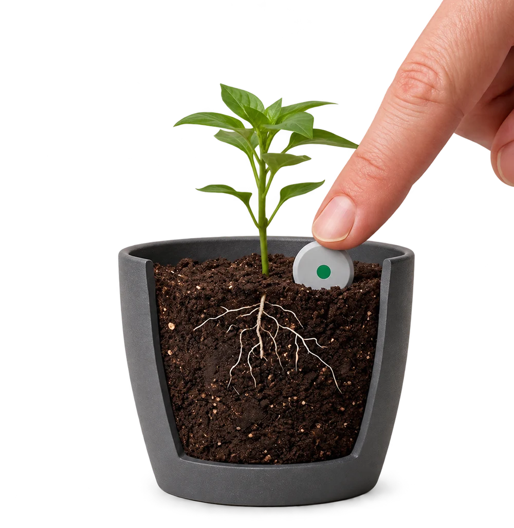A tablet being placed in the soil beside a plant
