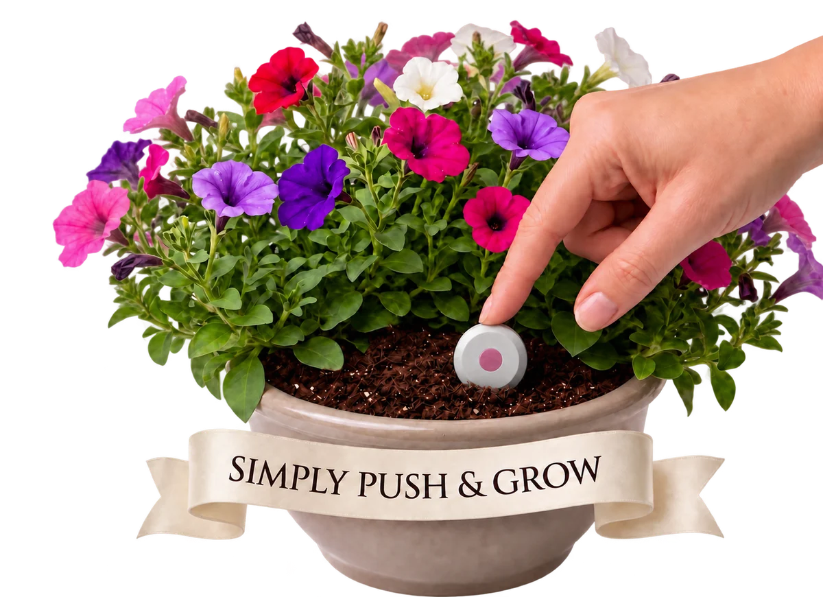 A hand placing a TABCOTE tablet into a pot of colourful petunias, with a Simply Push & Grow ribbon